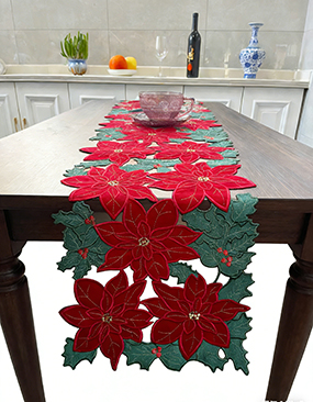 Christmas Embroidered Table Runner Cutwork Green Leaves Holiday Table Linens for Christmas Decorations