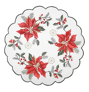 Christmas holiday Poinsettia Round Placemats, Embroidered Cutwork Placemats, Red Poinsettia Flower Linen Table Mats, Machine Washable