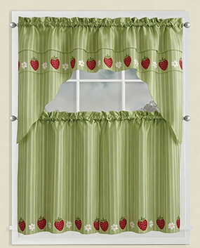 Kitchen Tiers Curtain, 3PCS Kitchen Curtains and Valances Set, Green Color Fabric with Matching Color Fruit Embroidery