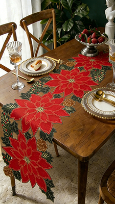 Christmas Embroidered Table Runner Cutwork Green Leaves Holiday Table Linens for Christmas Decorations
