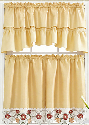 Floral Kitchen Curtain SetSwag Valance & Tier Set. Nice Matching Color Floral Embroidery on Border with cutworks