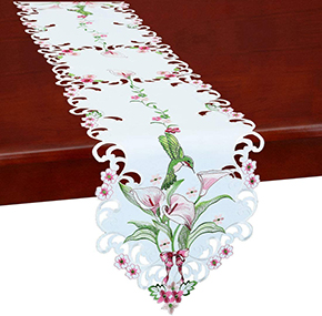 Embroidered cutwork &nbsp;Floral Table Runners for Spring and Summer, Hummingbird Flying on Calla Lily Flowers