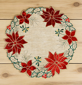 Christmas holiday Poinsettia Round Placemats, Embroidered Applique Placemats, Red Velvet Poinsettia Flower Linen Table Mats, Machine Washable