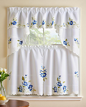 Floral Kitchen Curtain SetSwag Valance & Tier Set. Nice Matching Color Floral Embroidery on Border with cutworks