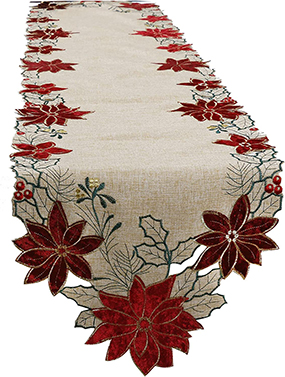 Christmas Table Runner, Embroidered Red Poinsettia Table Runner for Xmas Holiday Decorations , Linen Textured Fabric Dresser Scarf, Machine Washable