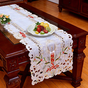 Decorative Christmas Table Runner, &nbsp;with Embroidered Candles and Bells Design, Scalloped Edge