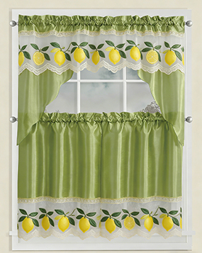 Kitchen Tiers Curtain, 3PCS Kitchen Curtains and Valances Set, Green Color Fabric with Matching Color Fruit Embroidery