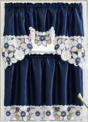 Floral Kitchen Curtain SetSwag Valance & Tier Set. Nice Matching Color Floral Embroidery on Border with cutworks